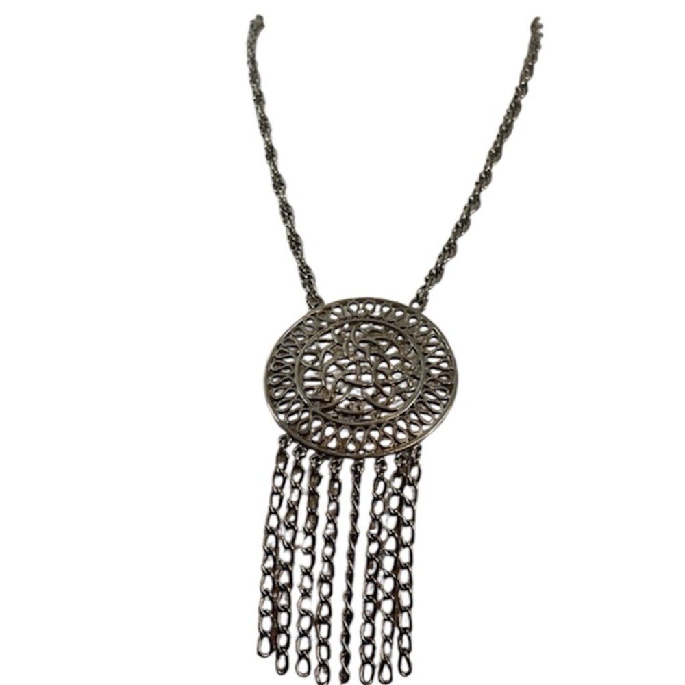 Vintage Silver Plated Pendant Necklace with Fringe Chains